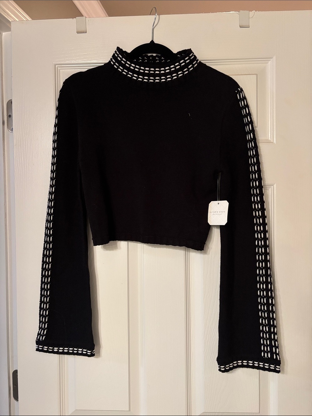 NWT Altar'd State Black Cropped Mock-Neck Sweater with White Contrast Stitching